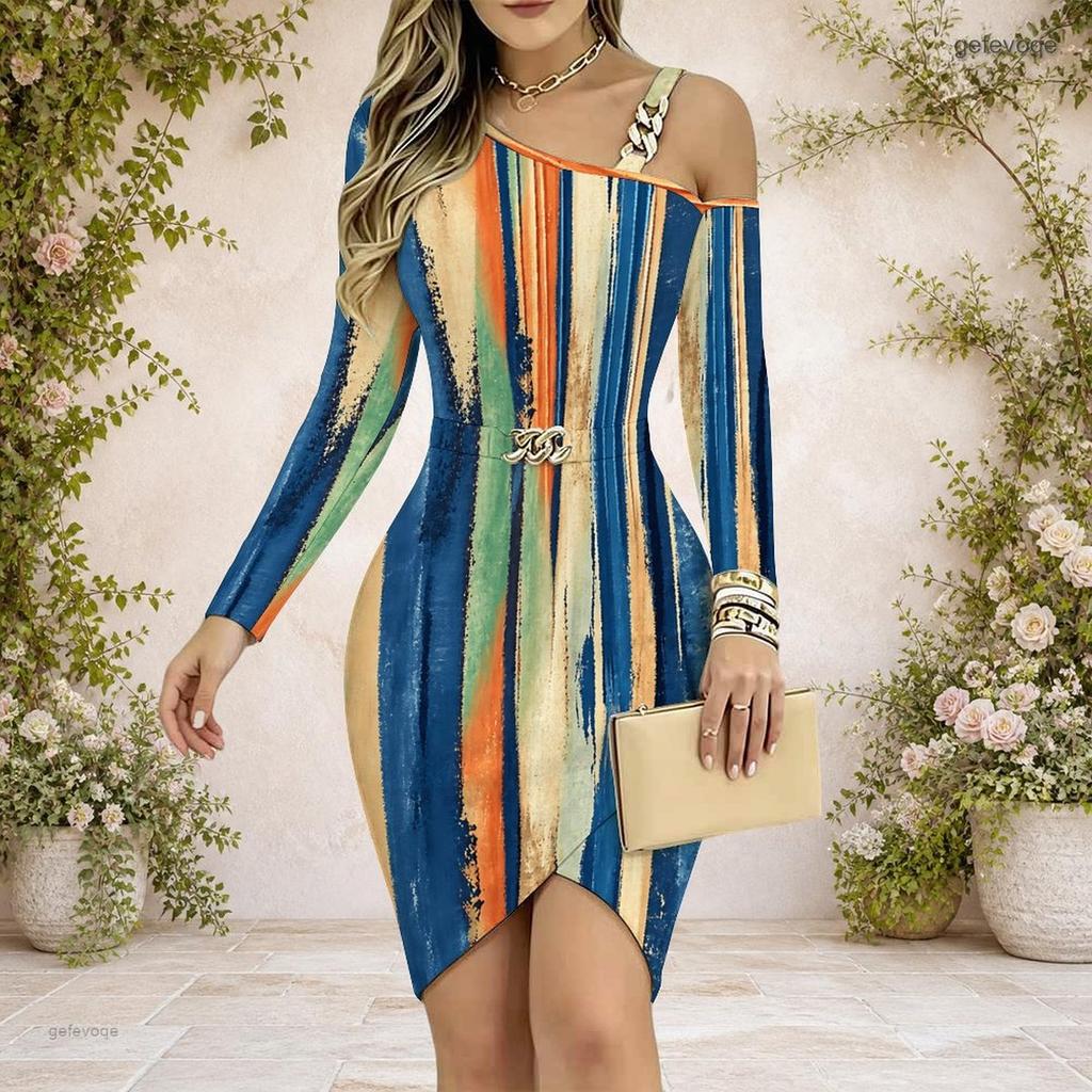 Women Plus Size Chain Strap Cold Shoulder Long Sleeve Printed Cross Hem Bodycon Dress