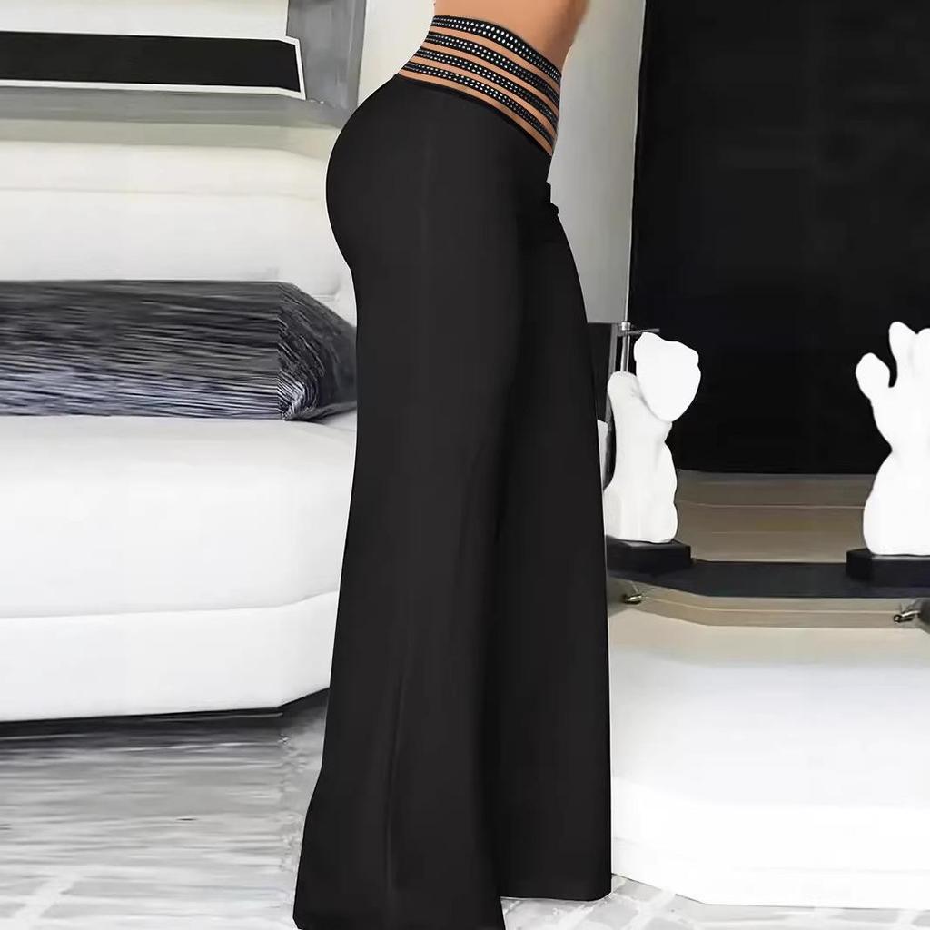2025 Fashion Women’s Solid Color Hollow-out Mid-waist Wide-leg Trousers