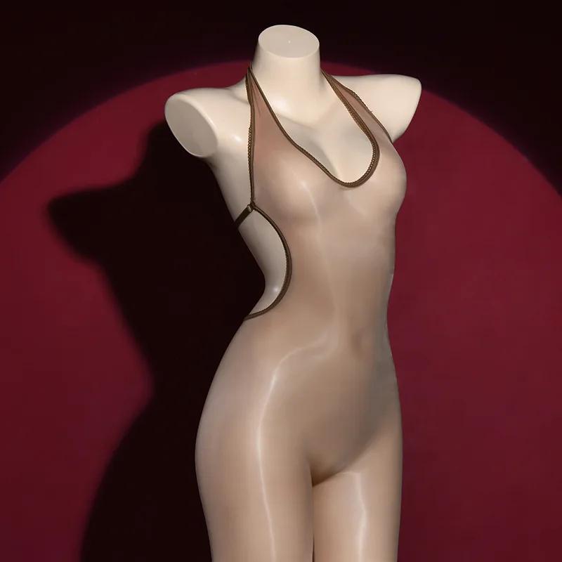 Women Sexy Jumpsuit V Neck Backless Oil Shiny Glossy Stockings Open Crotch Elastic Seamless Pantyhoses Transparent Bodystockings