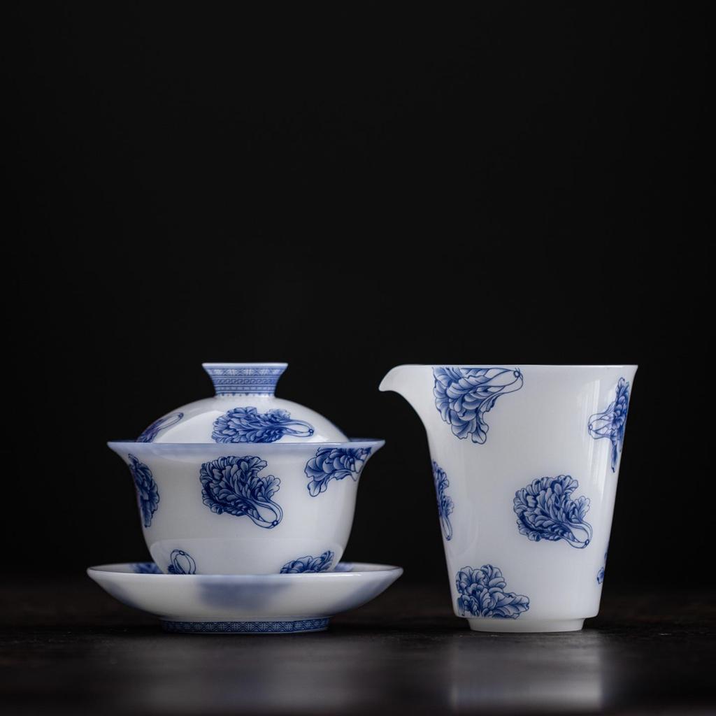 Ice Jade Porcelain Blue & White Gaiwan Tea Set with Gong Dao Bei & Strainer - 3-Piece Kung Fu Style