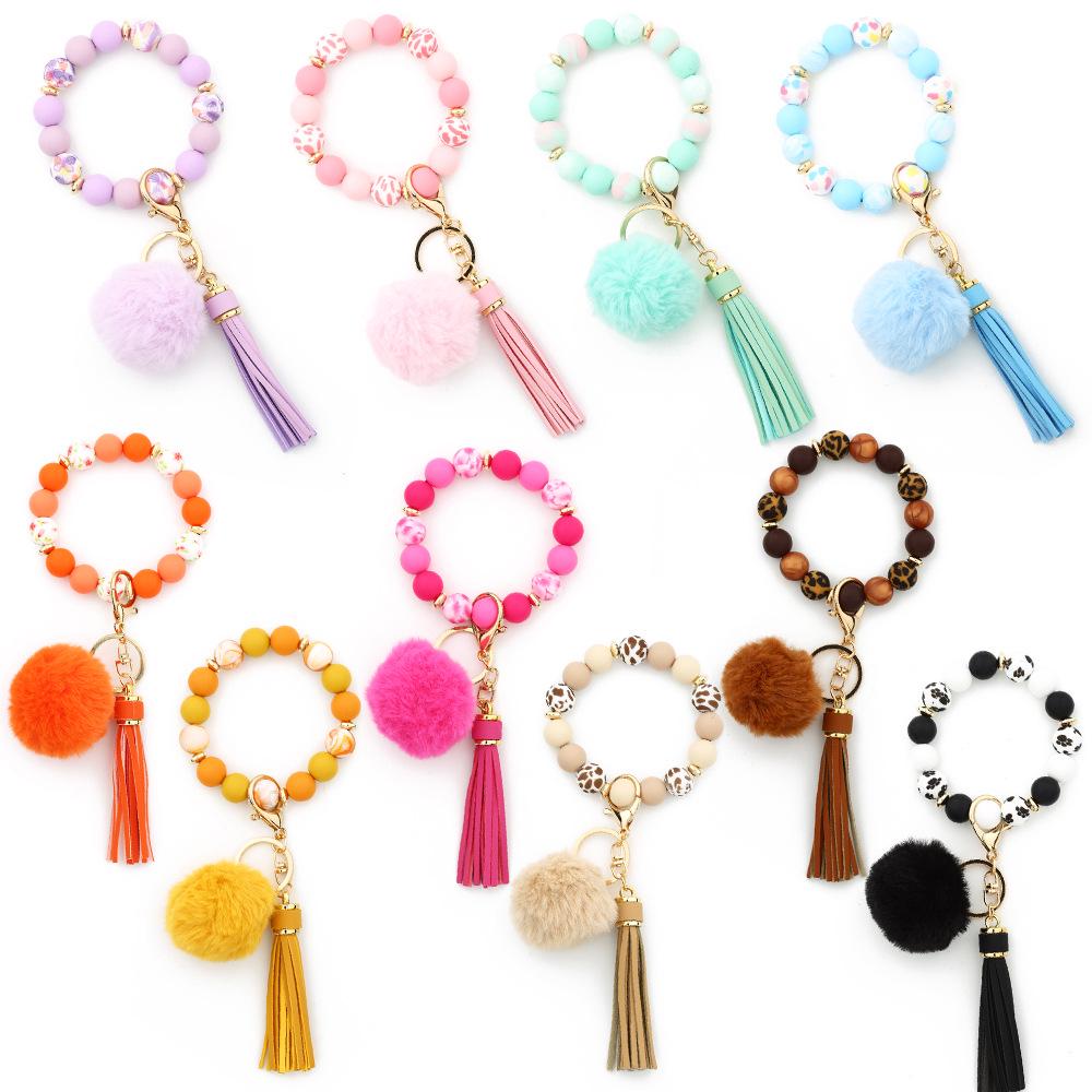 Silicone Bead Bracelet with Pom-Pom Keychain & Tassel Pendant - 2024 Women's Style