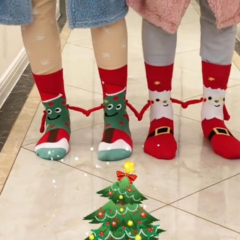 1 Pair Santa Claus Christmas Tree Cotton Stockings Christmas Magnetic Suction Hand In Hand Socks Unisex Holding Hands Long Socks