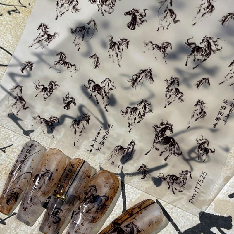 Ink Painting Style Vivid Black White Horse Self Adhesive Nail Art Sticker Diy New Year Decoration Manicure Decal