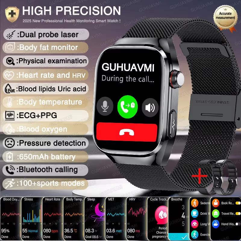 2025 New High-end Laser Detection Health HD Smart Watch Men ECG+PPG Precise BP Fat Uric Acid Call Sports Pulse Tracking Watche