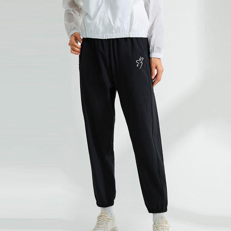 Li Ning Solid Color Elastic Letter Print Sports Long Pants Women Bottoms Black AYKR994-1