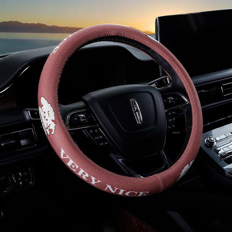 Car Steering Wheel Cover D-Shaped Handlebar Cover Summer Breathable Non-Slip Sweat-Absorbent Linen All-Season Universal Cartoon Cute for Women