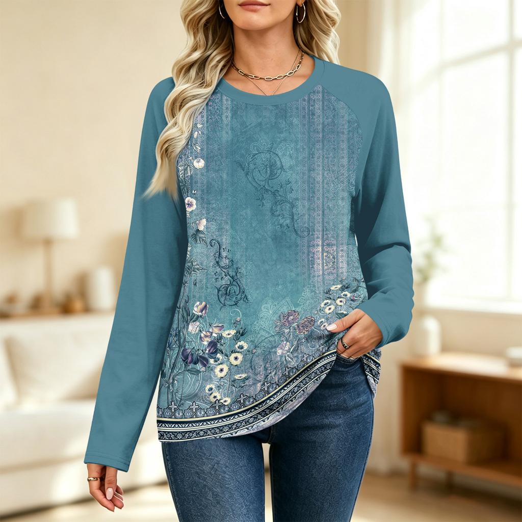 Women's Printed Colorblock Raglan Sleeve Neck Long Sleeve Sweatshirt