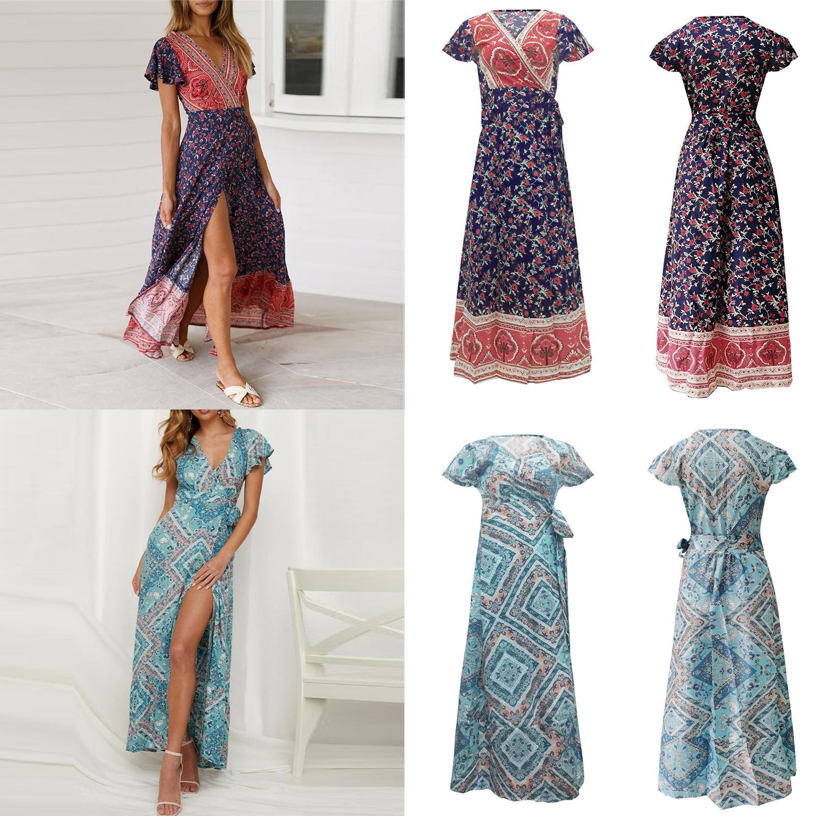 

(Куниде) Женское длинное платье для коктейльной вечеринки с цветочным принтом с V-образным вырезом с высокой талией с коротким рукавом