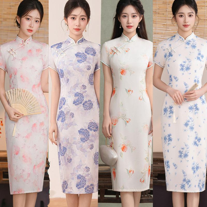 Beautiful new Chinese-style improved short-sleeved medium and long large-size cheongsam skirt elegant retro temperament young dress