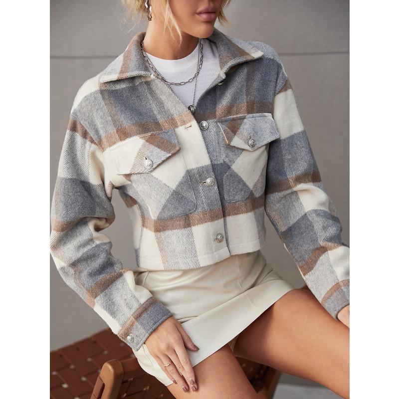 

YYFS Женская мода Повседневный клетчатый принт Осень Зима Длинные рукава Поло воротник куртки и пальто L