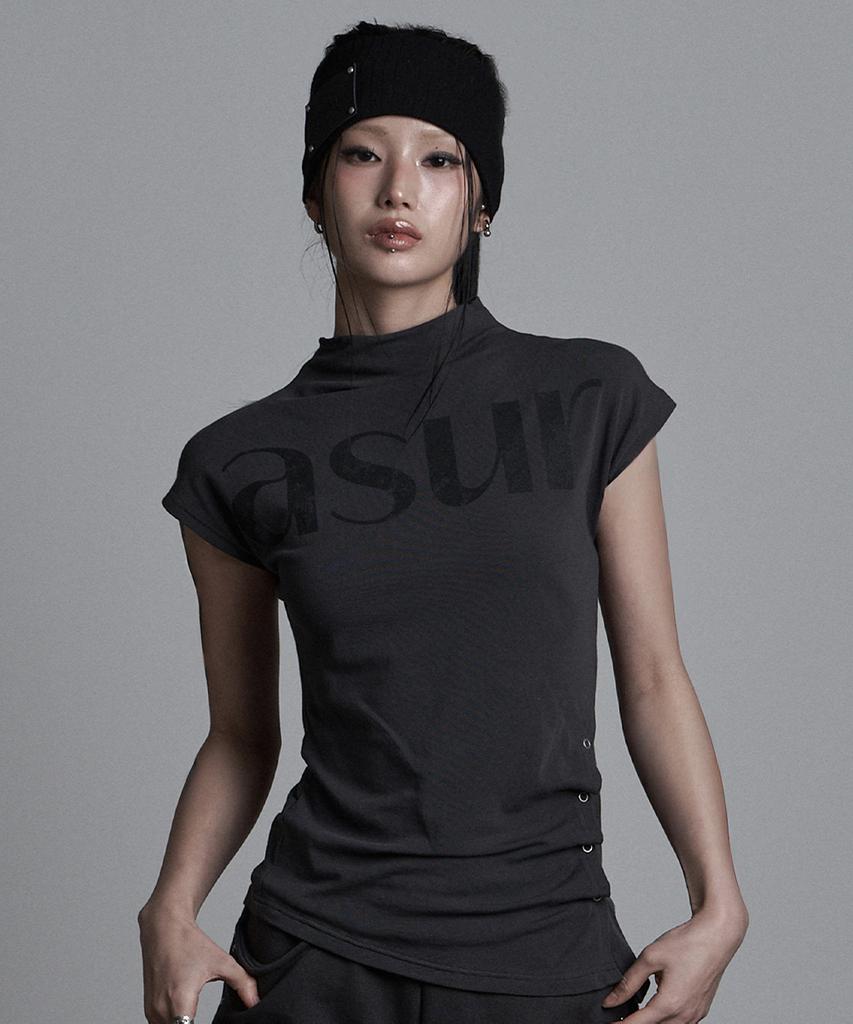 Aejeuyua Side Snap Half-Neck T-Shirt Charcoal
