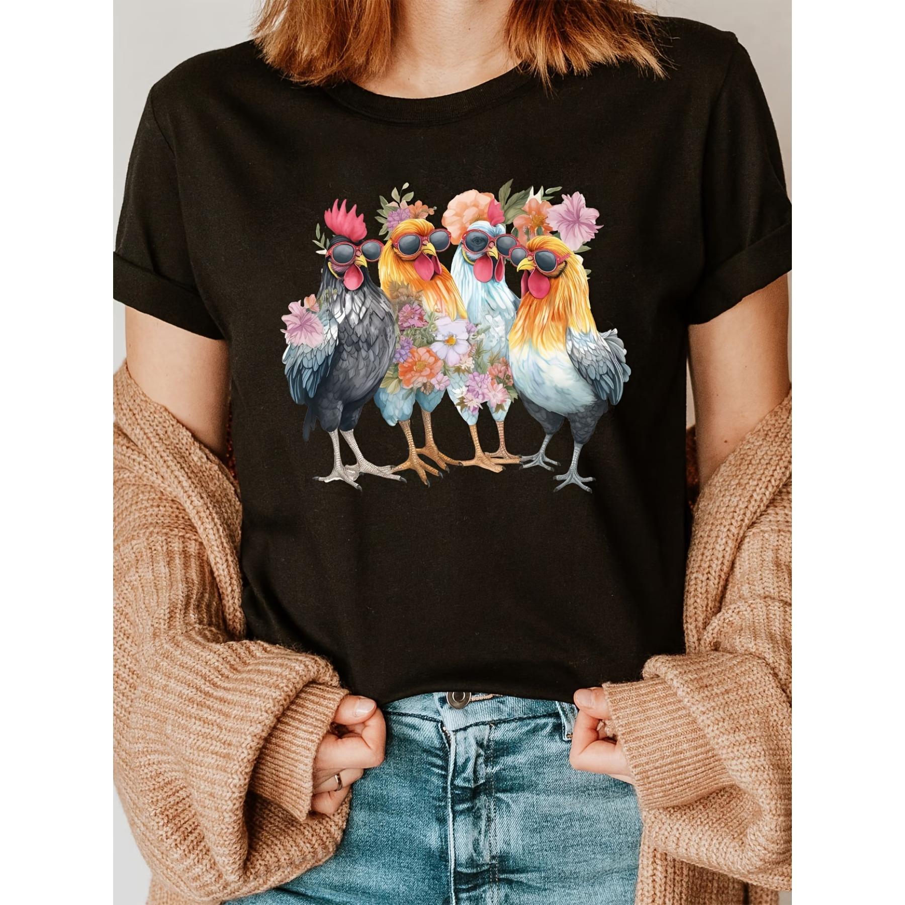 

Chicken Print Crew Neck T-shirt, Short Sleeve Casual Top for Summer & Spring S чёрный