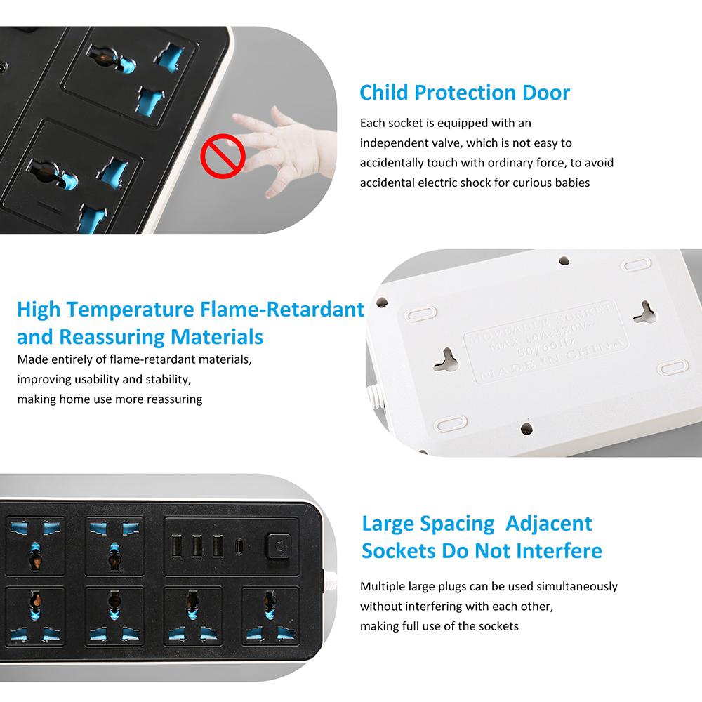 Smart strømlist med 6 overspenningsbeskyttelsesuttak, 3 USB-porter og 1 TypeC-port Multiport Smart