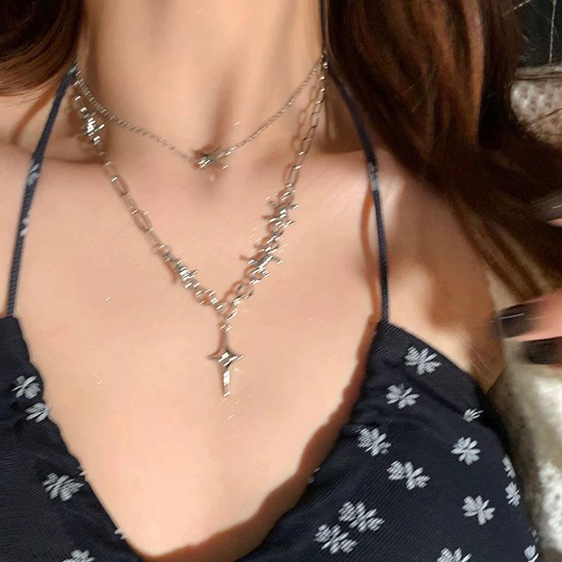 Women  Zircon Cross Pendant Necklace For Women Girl Double Layer Clavicle Chain Necklace Punk Party Jewelry