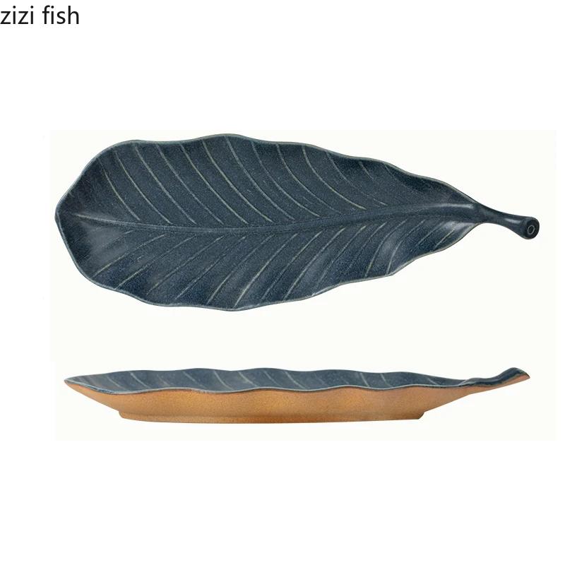 Vintage Ceramic Leaf Shaped Dinner Plate Creative Sushi Dish Dessert Dim Sum Dish Fruit Plate Service Plate Specialty Tableware