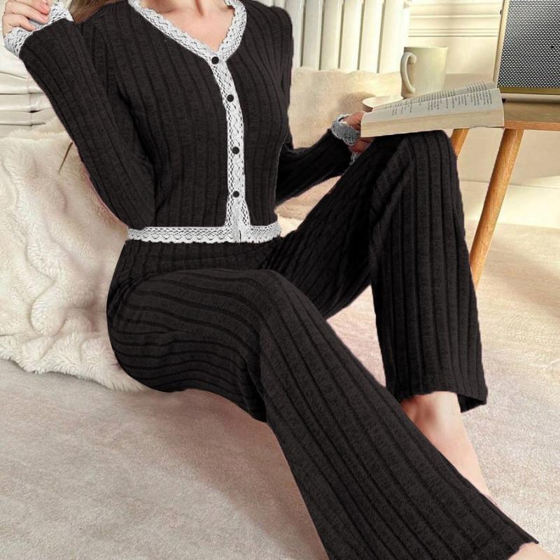 Autumn Winter Lace Patchwork Long Sleeve V-neck Top Elastic Waist Straight Pants Set Ladies Loose Homewear Suit