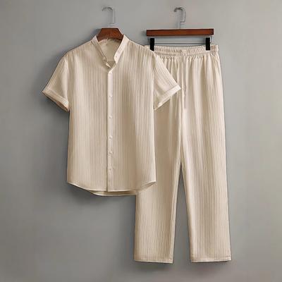 Terno Branco de Verão Masculino Terno para Viagem ao Ar Livre Cor Sólida Listras Verticais Lapela Camisa de Manga Curta Calça com Cordão Conjunto de Duas Peças