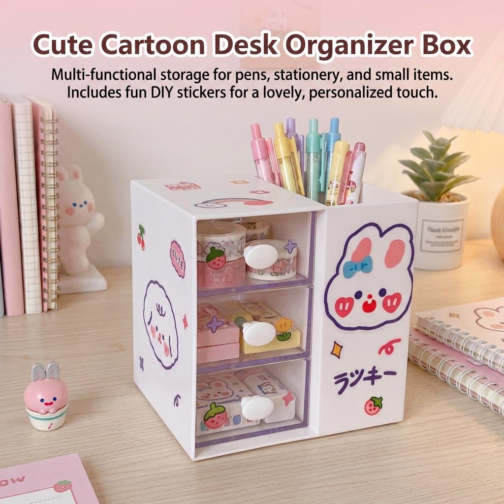 Mignon Organisateur de Pot à Crayons Dessin Animé pour Filles Étudiantes Bureau Boîte de Rangement Multifonctionnelle avec Compartiments pour Papeterie