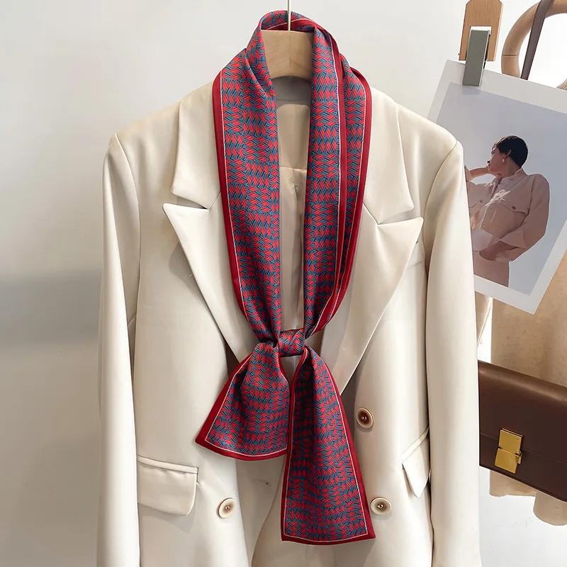 Floral Print 12*145cm Long Ribbon Silk Scarf Women Neck Scarves Headband Female Skinny Neckerchief Hair Band Neck Tie Bag Ribbon