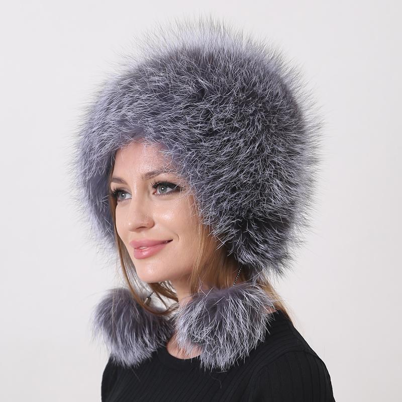 New Fashion Women's Fur Hat Fluffy Furry 2 Balls Knitted Natural Real Fox Fur Bomber Hats Warm Trapper Hat
