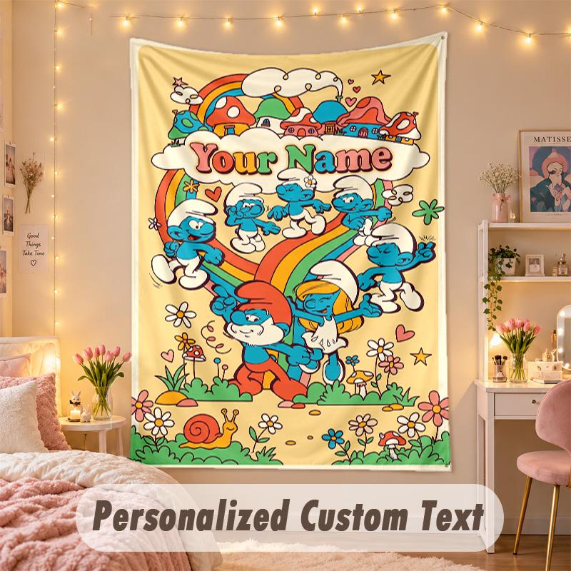 Custom Personalized Tapestry,Smurfs Print Custom Name Text Wall Art Hanging for Bedroom