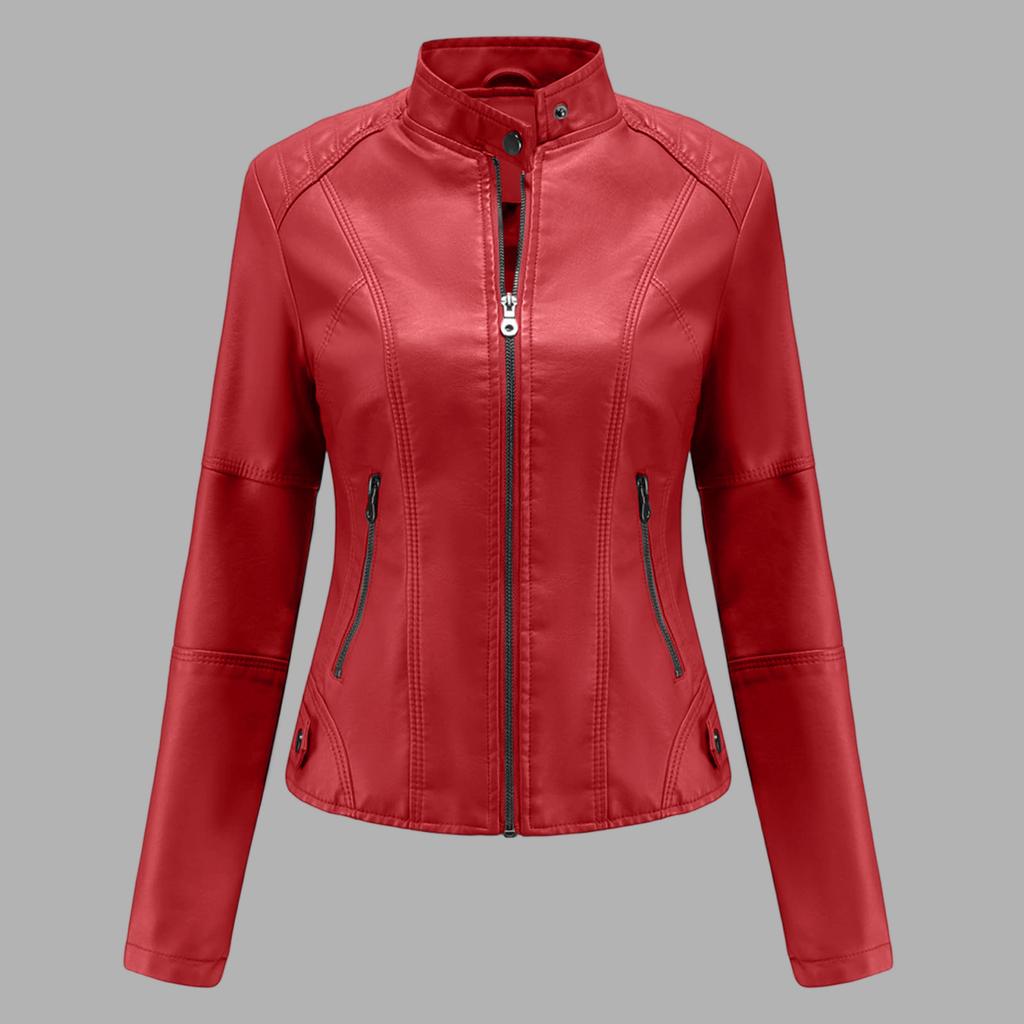 Women's Casual Fashion Slim Fit Thin Motorcycle Large Size Stand Collar Leather Jacket
