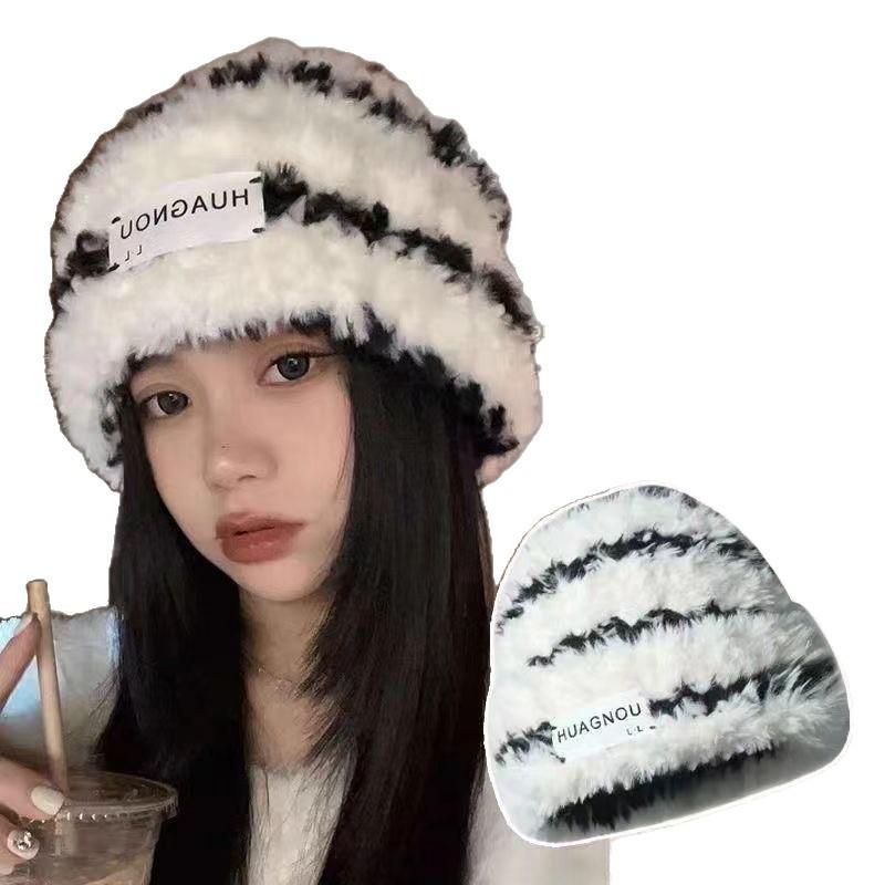 Winter Knitted Wool Versatile Plush Striped Fisherman Hat Children Thickened Warm Ear Protectors Internet celebrity Hairy Basin Hat