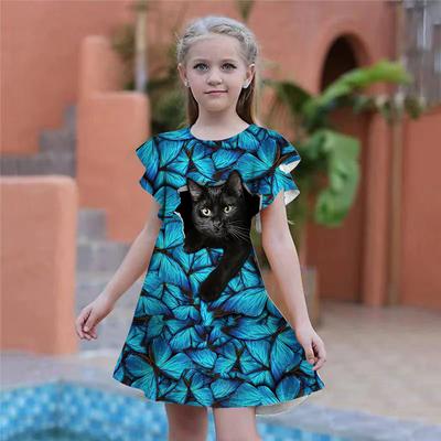 Girls Butterfly Kitten Print Dresses Kids Girl Party Dress Loose Fitting Loose Fitting Short Sleeved Skirt For Girls Over Four Years Old
