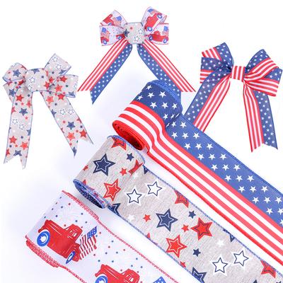 3pcs Patriotic Star Ribbon Bow Natural Burlap Gift Wrap for 4th of July Decor