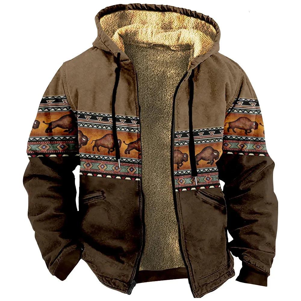 Indian Totem Print Cotton Suit Men'S Loose Lamb Wool Inner Western Style Warm Hooded Jacket Top