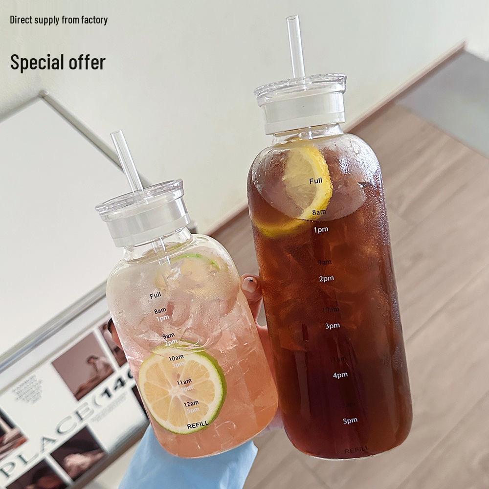 Summer Style Double-Lid Straw Glass Water Cup with Time Scale