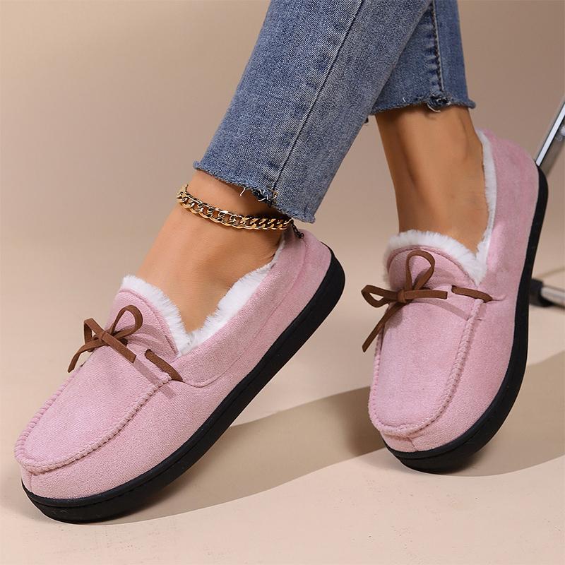 Winter Fuzzy Cotton Shoes for Women Chic Bowknot Detor Plush Slippers Woman Outdoor Slip On Flat Heel Plush Shoes Female