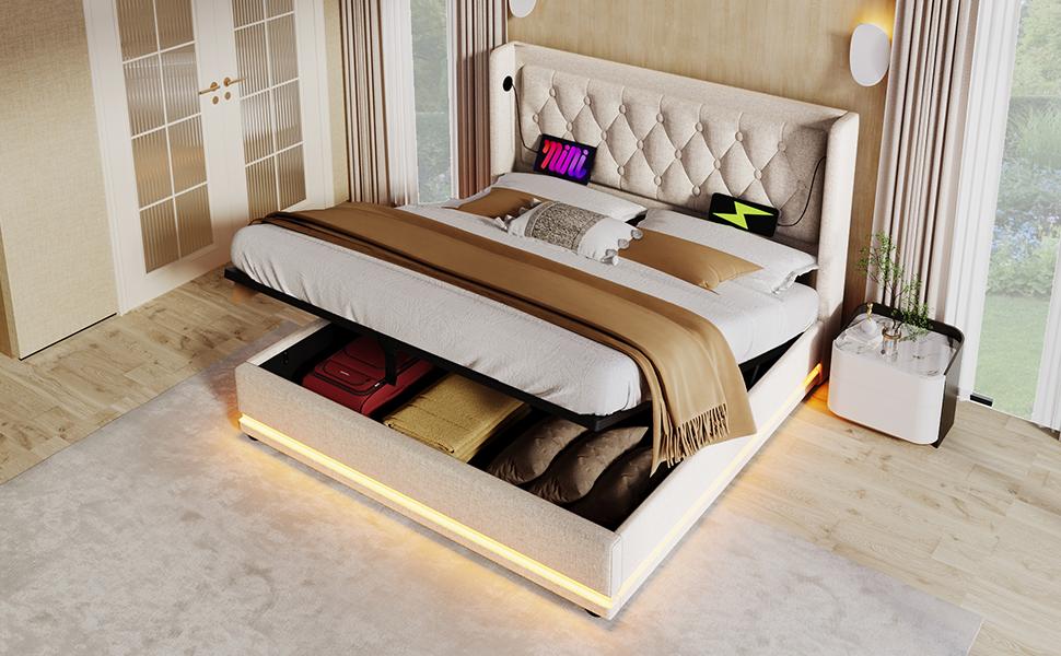 Upholstered double bed 160*200 cm, beige cotton hydraulic storage bed, headboard with USB Type-C charging, 3-sided LED (mattress not included)