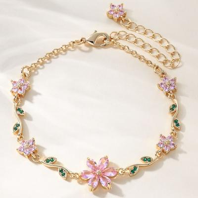 Luxury Green Leaf Flower Bracelet Fashion Crystal Pink Cubic Zirconia Chain Sparkling Bow Shiny Rhinestone Bangle Jewelry Gifts