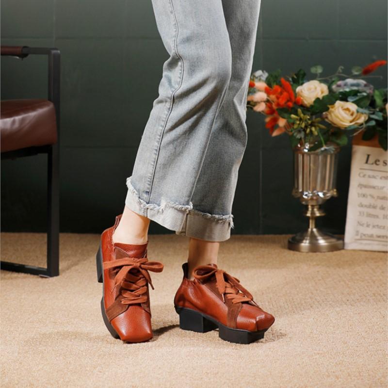 Johnature Women's Shoes Genuine Leather Square Toe Soft Cowhide Lace-up Versatile Mid Heel Pumps