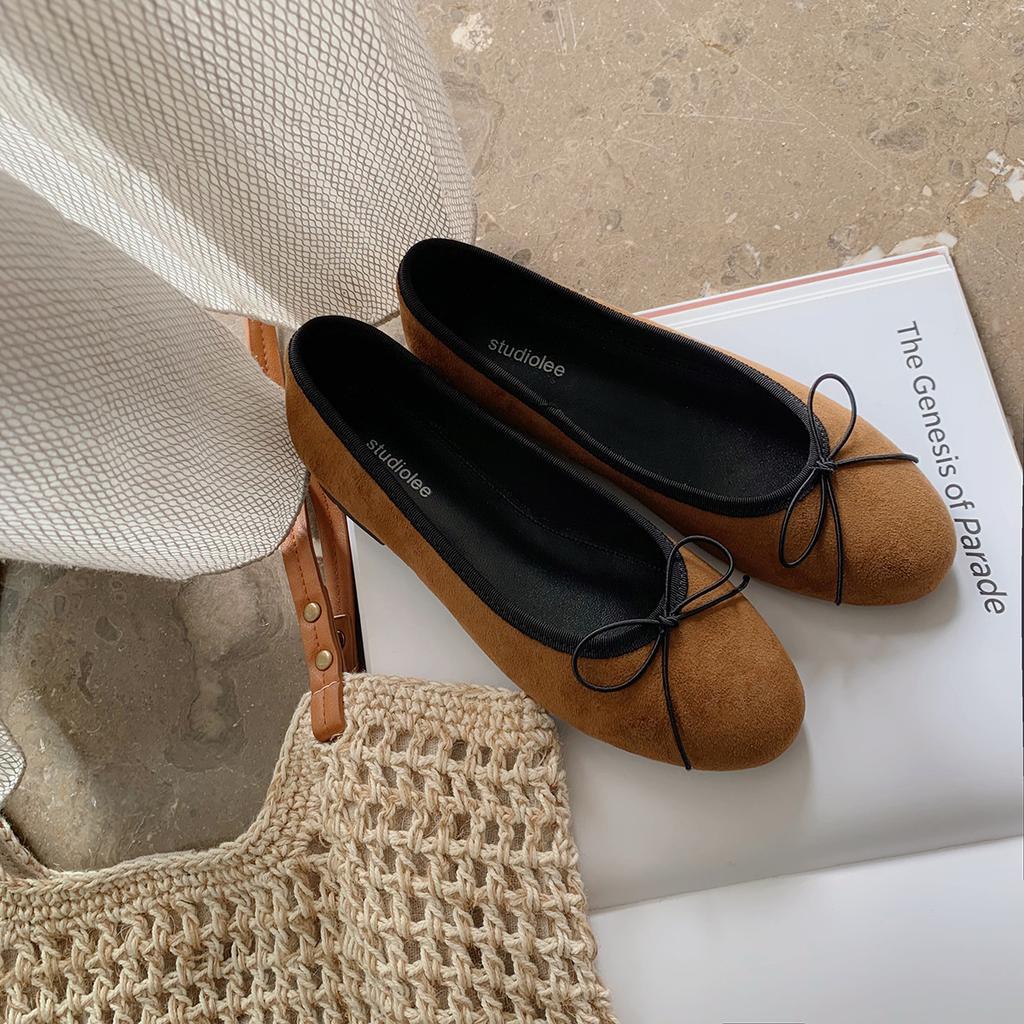 Leather version of grape mother, the same commuter shoes, round head bow, light mouth ballet style single shoes, women's ballet flats