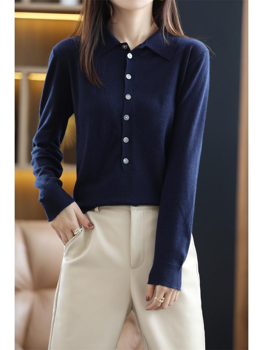 

Женский кардиган из чистой шерсти с длинным рукавом: Стройный, Модный Трикотаж с Воротником-Рубашкой S тёмно-синий