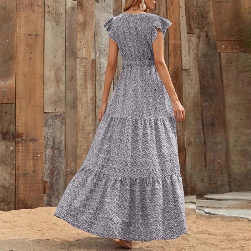 Maxi Abito Estivo Boho da Donna con Stampa Floreale Ditsy, Scollo a V, Vita Alta, Maniche a Volant, A Balze, Casual, per Vacanze al Mare