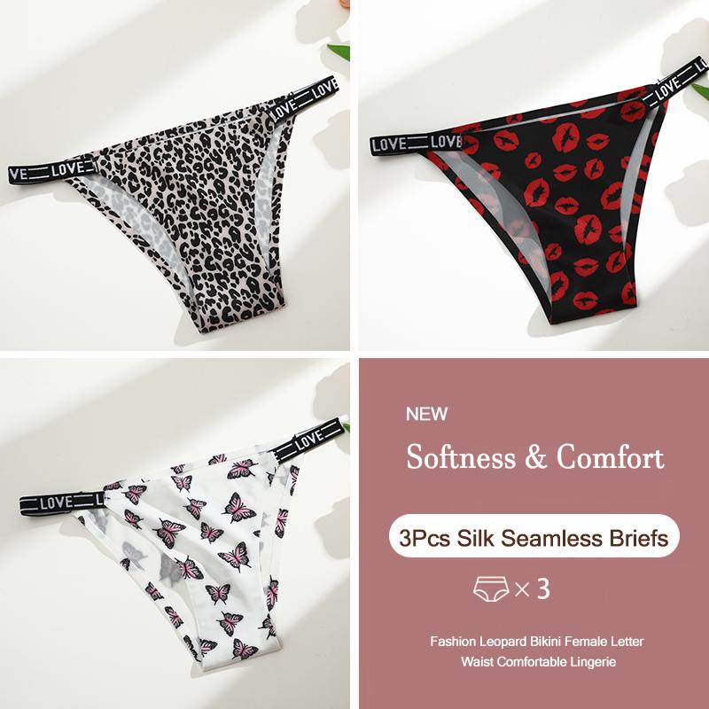 3Pcs Silk Seamless Women's Panties Sexy Flower Butterfly Briefs Fashion Leopard Bikini Female Letter Waist Comfortable Lingerie