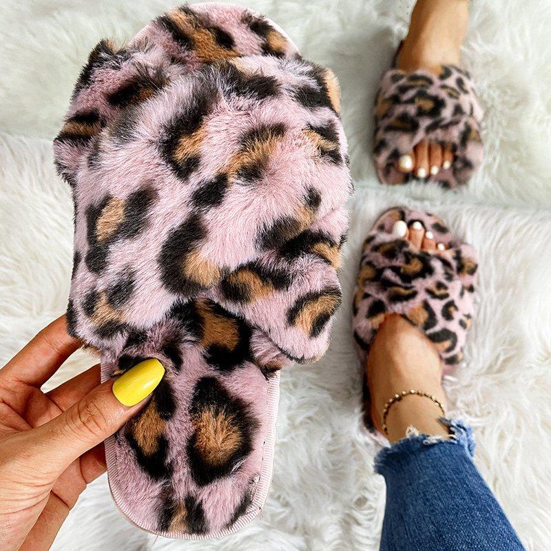Fashion Leopard Print Fluffy Indoor Slippers for Women Open Toe Cross Strap Plush Slides Woman Winter Faux Fur Comfort House Slippers