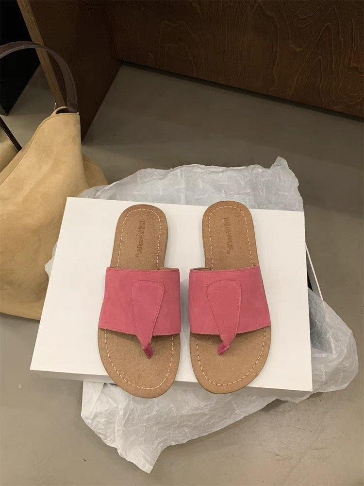 Soft leather version~ retro one-word slippers for women to wear 2025 summer new Mori casual niche flat toe drag