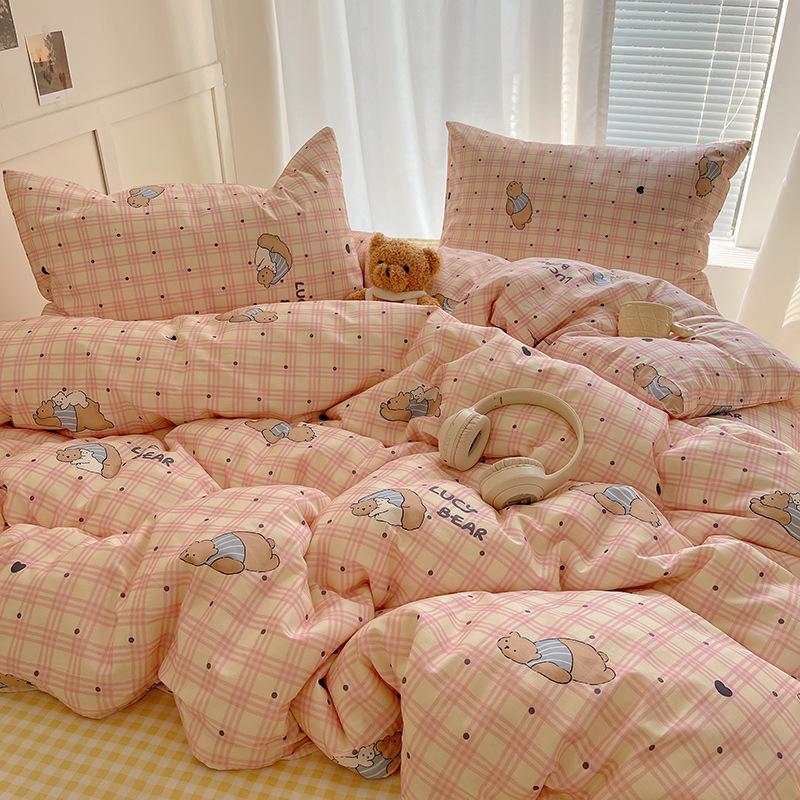 100% Pure Cotton Bed Four-piece Set Skin-friendly Water Wash Bed Sheet Quilt Cover Pillowcase Set