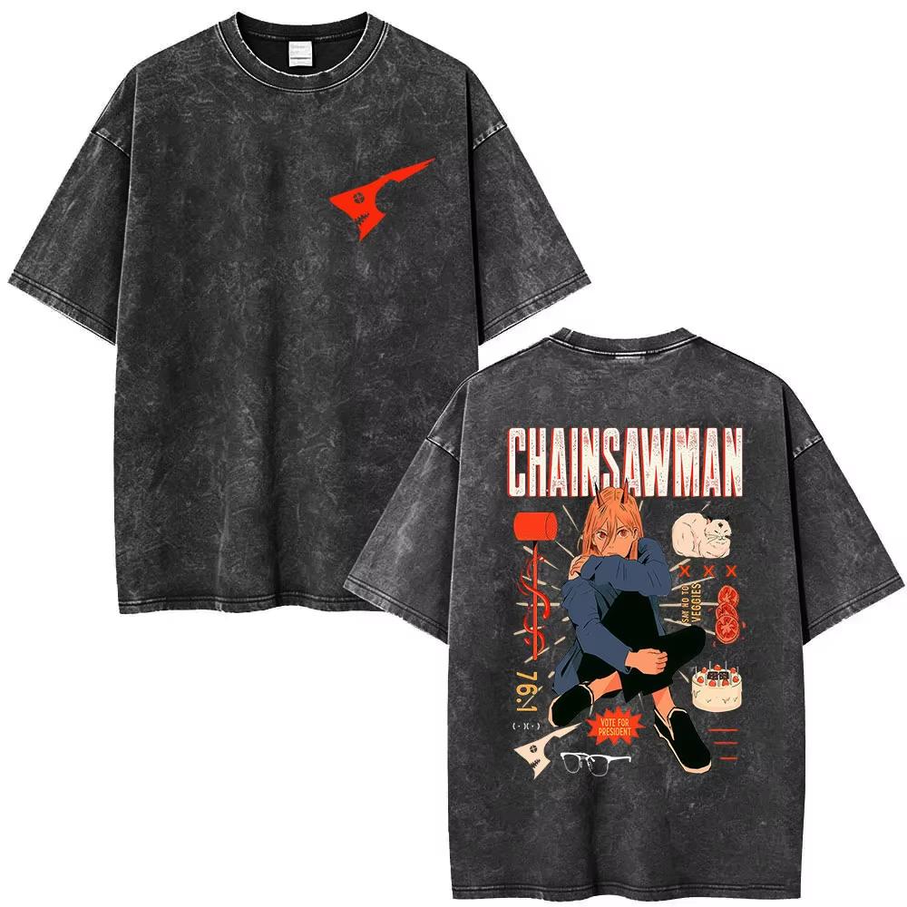 2026 Summer Hot Sale Anime Chainsaw Man MAKIMA Vintage Washed T Shirts Y2K Men Women Hip Hop Punk Streetwear Oversized T-shirt