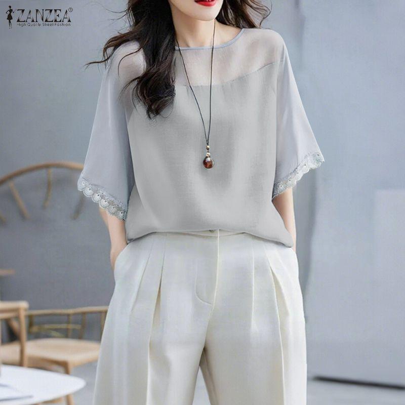 ZANZEA Women Casual Round Neck Summer Short Sleeve Loose Blouse