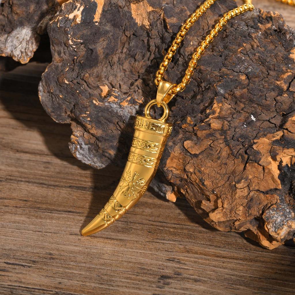Cool Punk Viking Horn Necklaces for Men, Waterproof Stainless Steel Norse Celtic Knots Compass Pendant Collar, Amulet Gifts