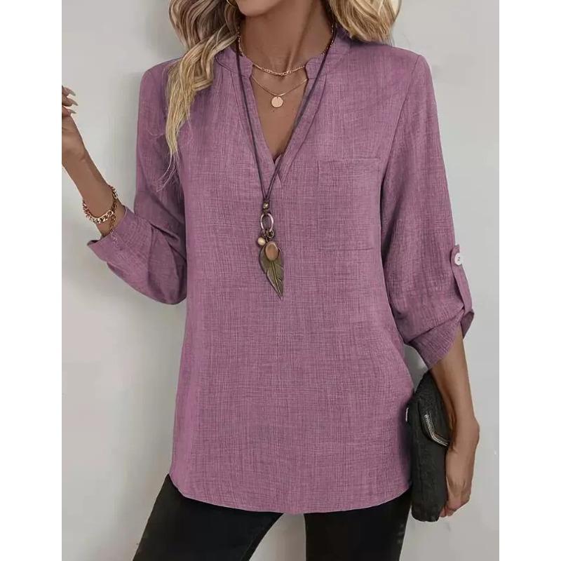 QICED Women's Fashion Casual Solid Color Print Long Sleeve V Neck Blouses & Shirts