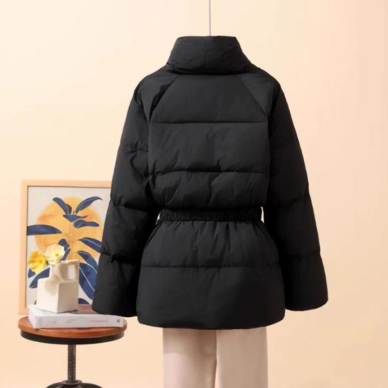 Women Down Jacket Casual Loose Belt V Neck Collar Fashion Autumn Winter Outwear Coat