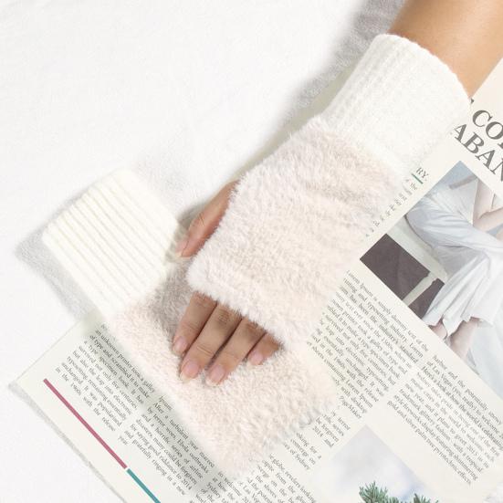 1 Pair Winter Ladies Gloves Half-finger Thick Plush Knitted Stretchy Touchscreen Wrist Protection Keep Warm Office Typing Student Writing Gloves