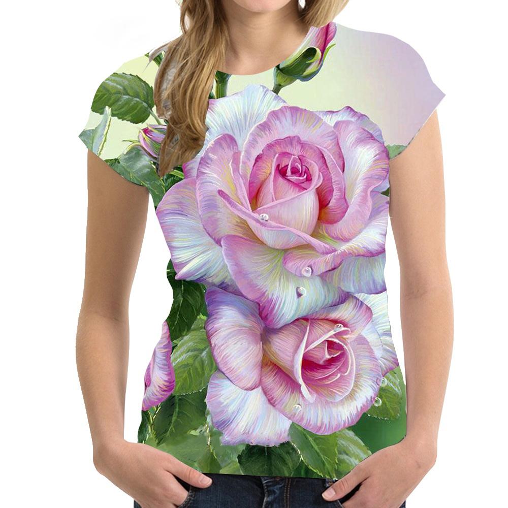 Women's 3D Floral Printed T-shirt, Hip-hop Casual Wear, Harajuku Holiday Short Sleeved T-shirt, Y2K Large T-shirt