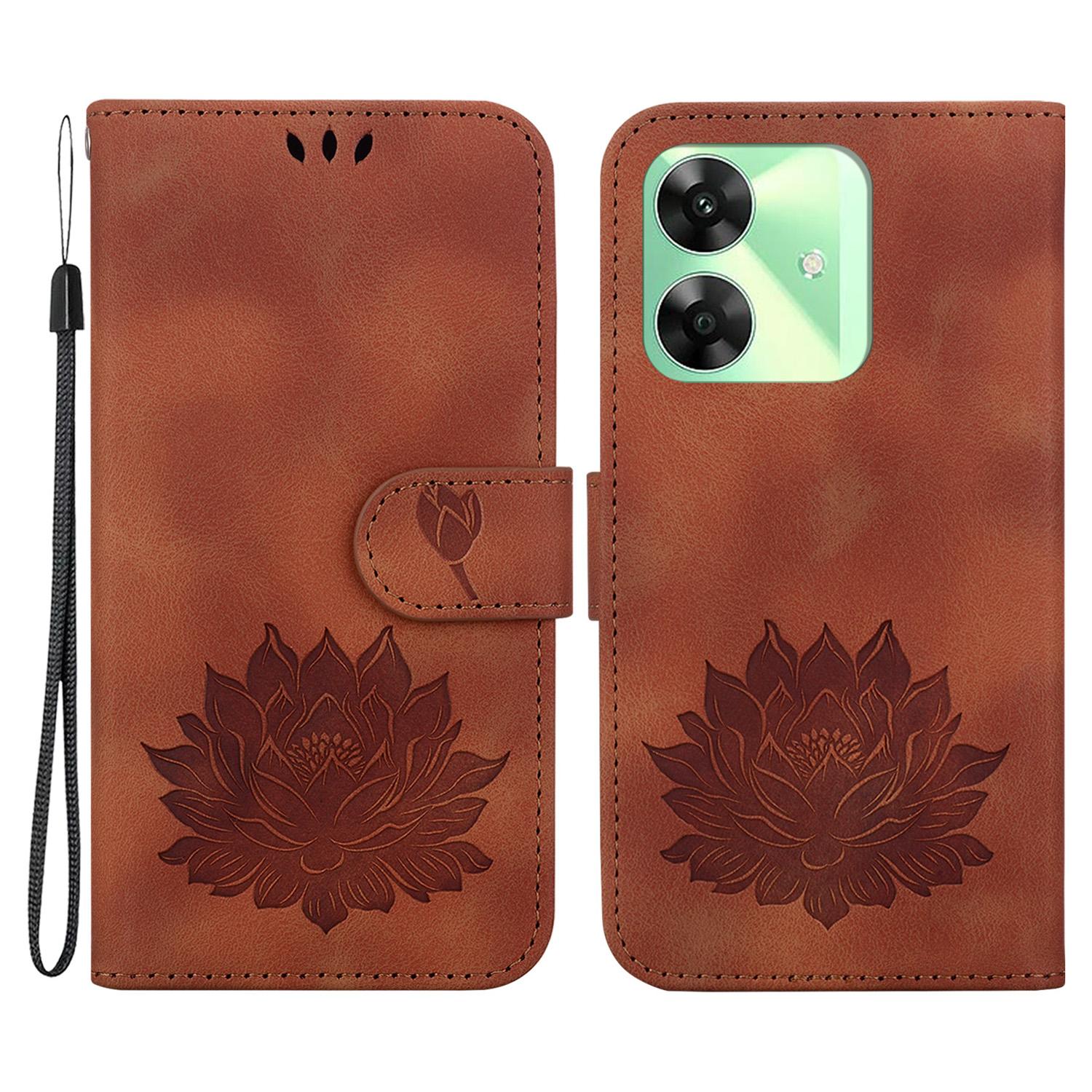 

For Realme Note 60x 4G/C63 4G/C61 4G/Narzo N63 4G Stand Case Lotus Imprint Leather Wallet Phone Cover Brown